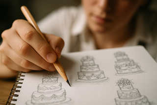 cake designer sketching a design, using depth of field, composition and dynamic camera positioning to create visually interesting image. Show detail of a sketch pad with designer sketching but out of focus behind the pencil and hand