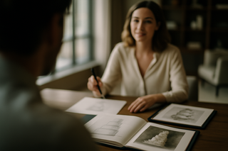 more dynamic shot, over clients shoulder but clever use of DOF to make othing quite in focus